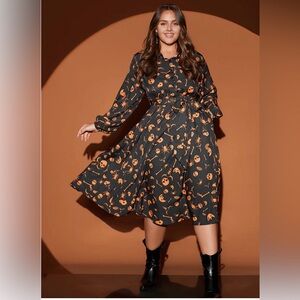 Halloween Print Shirt Collar Pocket Button Up Belted Flutter Dress